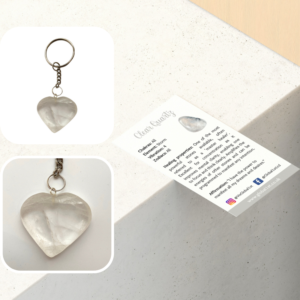 Crystal Heart Keychain, 10x3cm: Clear Quartz