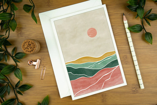 Abstract Art Greeting Card - Desert Sun: Pink & Green.